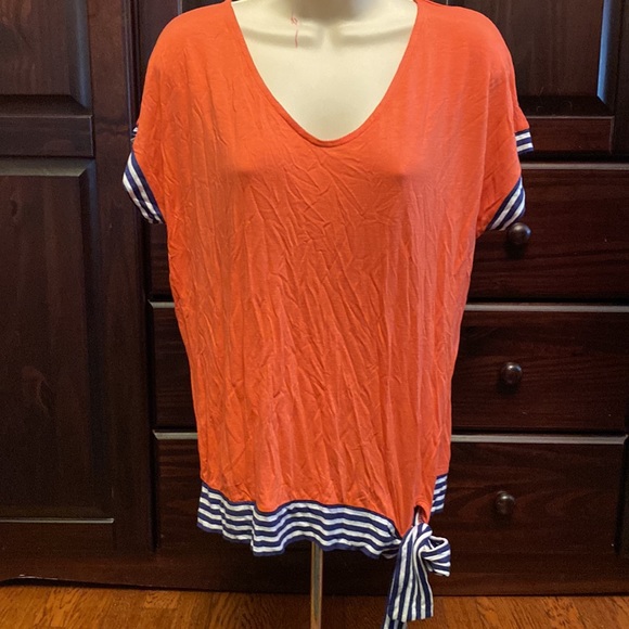 Venus Small Coral with Blue & White Stripe Side Tie Short Sleeve Shirt - Picture 8 of 13